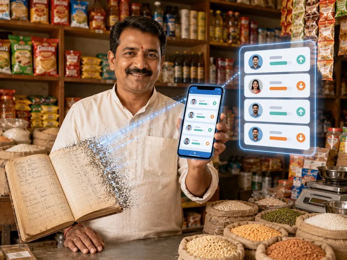 Kirana store owner billing on a phone with Accountune, retiring the paper khata